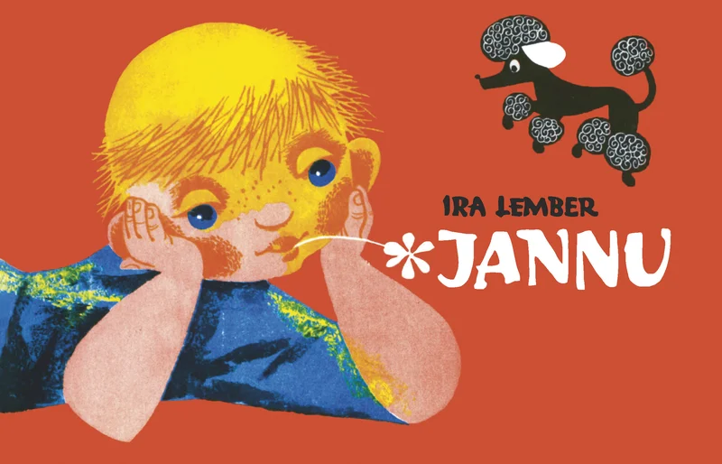 Jannu - Ira Lember (Canopus, 2026). Erkpunase tausta ees lebab lõua käte peale toetanud lühikeste blondide juustega poiss, tema kohal on must pudel-koera siluett.