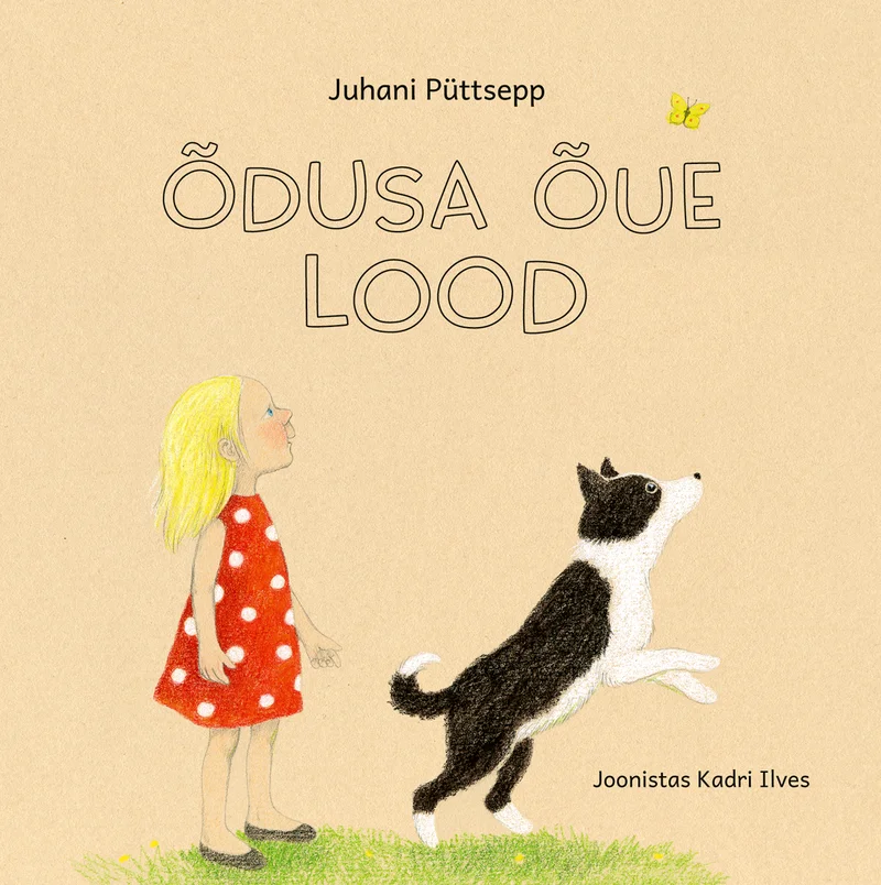 Õdusa õue lood - Juhani Püttsepp (Mariekuld, 2026). Pehmes pastelsetes toonides illustratsioon, millel blondide juustega tüdruk punases kleidis seisab vastakuti mänglevale must-valgele kassile. Taust on hele ja õrn, rohekaskollase muruga.