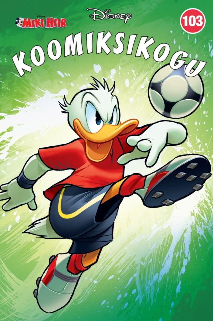 Miki Hiir - Disney (2026). Rohelisel taustal kujutatud Disneyi koomiksitegelane Donald Part punases spordirõivas lööb jalgpalli, dünaamilises liikumispoos.