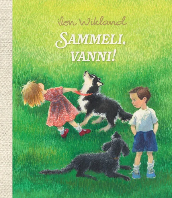 Sammeli, vanni! - Ilon Wikland (Sinisukk, 2026). Sooja kollakasrohelise tausta ees mängivad kaks last musta-valge koeraga rohelisel murul, teine koer lamab ees. Illustratsioon on pehmes, traditsioonilises akvarellistiilis.