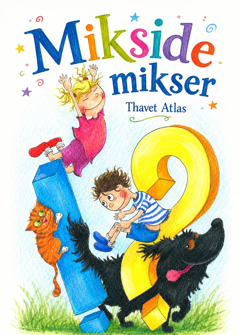 Mikside mikser - Thavet Atlas (ESPER THOMPSON, 2026). Värvikas ja rõõmsameelne illustratsioon, millel kaks last ja loomad – oranž kass ning must koer – mängivad suurte siniste küsimärgi ja numbri ümber. Joonisjooneline lasteraamatustiil soojades toonides.