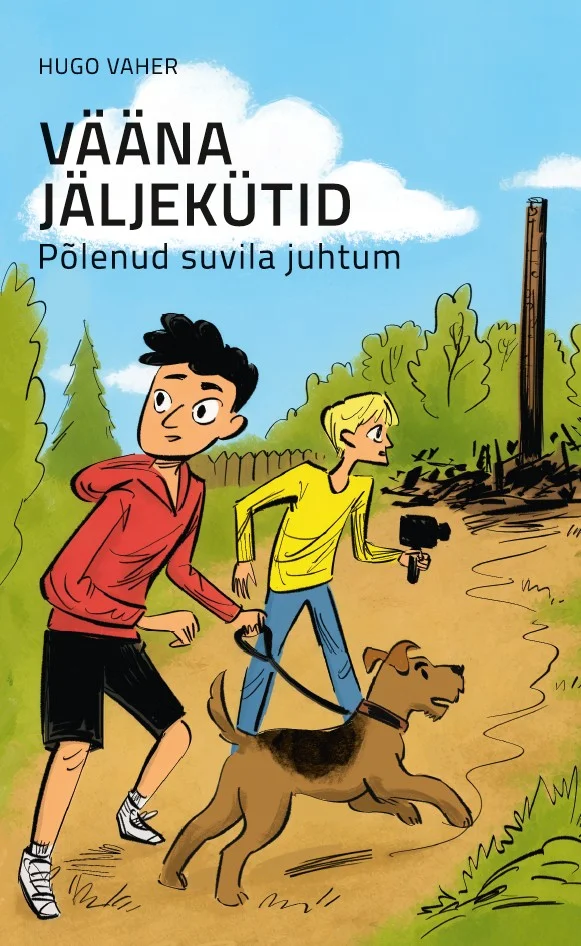 Vääna jäljekütid - Hugo Vaher (Tänapäev, 2026). Koomiksistiilis illustratsioon, kus kaks poissi ja pruun koer jooksevad mööda metsarada, taustal on puud ja vana puitehitis.