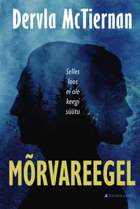 Mõrvareegel - Dervla Mctiernan (2026). Tumeroheline ja sinine kaanekujundus kujutab kahe inimese siluetti profiilis, mis on asetatud vastamisi metsase maastiku taustal. Udune, salapärane atmosfäär loob pingelise krimiromaanile omase meeleolu.