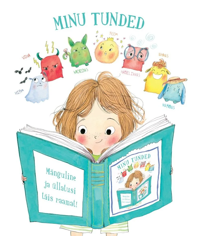 Minu tunded - Stephanie Coutirier (2026). Akvarellstiilis illustratsioon tüdrukust, kes loeb raamatut, millest lendavad välja värvilised ja erinevatesse emotsioone kujutavad tegelased — kollane, roheline, lilla ja teised nägudega olendid.