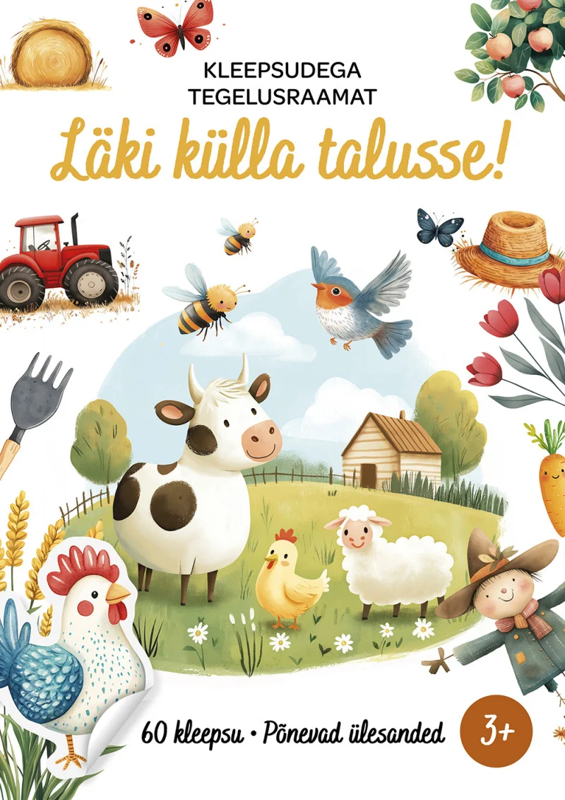 Kleepsudega tegelusraamat - Maria Sara Mabilia (Koolibri, 2026). Armas akvarellistiilis illustratsioon talumajapidamisest, kus on kujutatud lehma, lamba, tibu, kana, traktori ja erinevate põllulindudega maastikku. Soojades rohelistes ja kollastes toonides pilt on täis rõõmsaid loomategelasi ning taluõu on elavdatud lillede, porgandite ja õunapuuga.