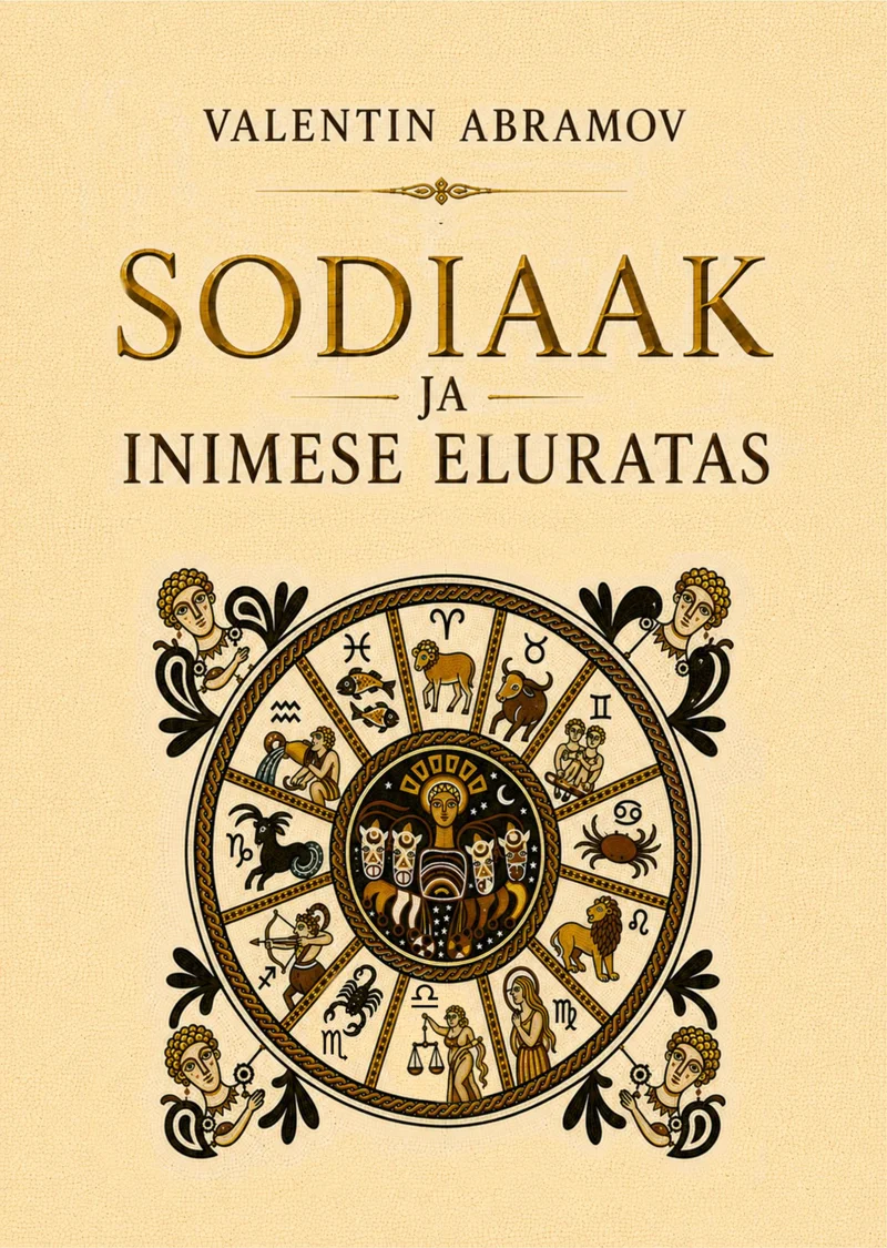 Sodiaak ja inimese eluratas - Valentin Abramov (2026). Kreemikasbeežil taustal kujutatud detailne ringikujuline sodiaagiratas koos klassikaliste tähemärkide gravüüritaoliste illustratsioonidega. Kujundus on elegantne ja antiikse välimusega, kasutades tumedaid jooni ja kuldset koloriiti.