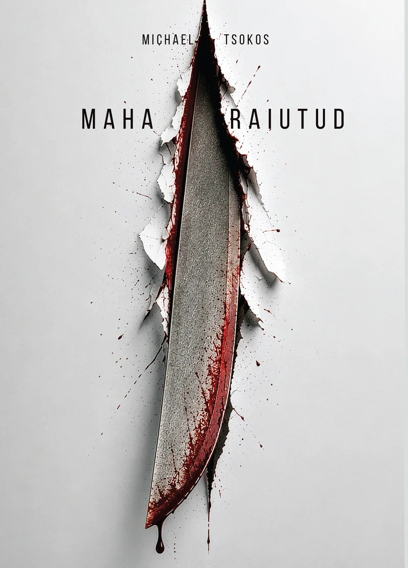 Maha raiutud - Michael Tsokos (Helios, 2026). Minimalistlik valge taust, millelt paistab läbi rebenud paber, paljastades verise tera. Noa ots on kaetud tilkuva verega, luues õudset ja pinget tekitavat atmosfääri.