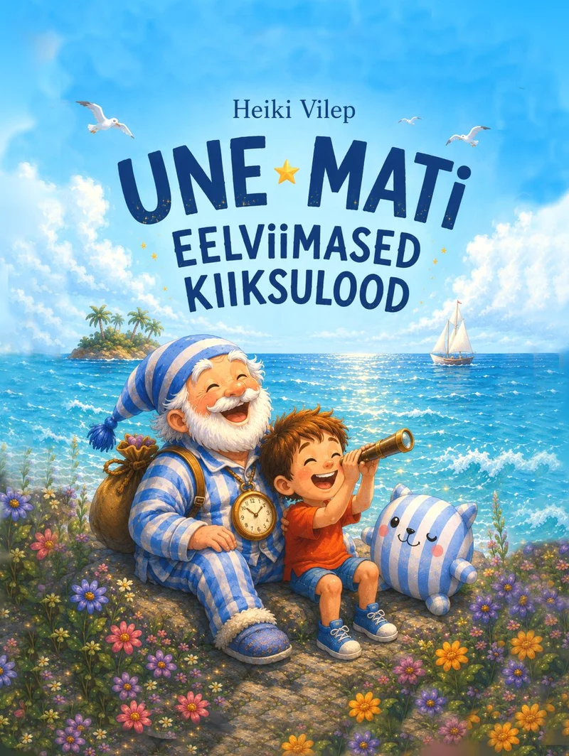 Une-Mati eelviimased kiiksulood - Heiki Vilep (Jutupesa, 2026). Sooja ja rõõmsa tooniga illustratsioon, millel istuvad mererannal lilled ümber vanahärra sinise-valgetriibulises pidžaamas ja väike poiss, mõlemad naeratavad. Taustal särav sinine meri purjepaadiga ja päikesepaisteline taevalaotus.