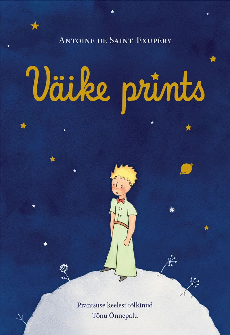 Väike prints - Antoine De Saint-Exupery (2026). Tumesinisel tähist taevataustal seisab blondide juustega poiss rohelises mantlis, vaadates kaugusesse. Illustratsioon on klassikalises, õrnas joonistusstiilis kuldkollaste tähtedega kaunistatud taustal.