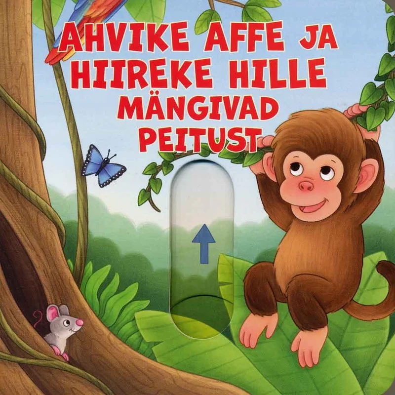Ahvike Affe ja hiireke Hille mängivad peitust - Ruby Warnecke (Karrup, 2026). Värvikas lasteillustratsioonis poseerib suur pruun ahv tihedas rohelises vihmametsas, taustal on näha väike hiir ja sinine liblikas. Kaanel on ka läbipaistev silinder noolega, mis viitab interaktiivsele peitusemängule.