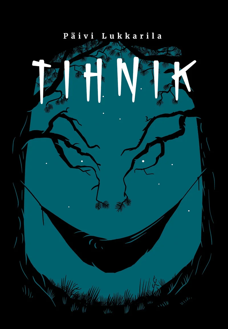 Tihnik - Päivi Lukkarila (Ühinenud Ajakirjad, 2026). Tumeda õhkkonnaga graafiline illustratsioon, millel kujutatakse pimedas metsas peituvat hirmutavat nägude siluetti — suur ähvardav naeratus ja silmad on põimitud puu okste ja tüvega. Mustvalge stiil loob düstoopilise ja õuduskirjandusele omase atmosfääri.
