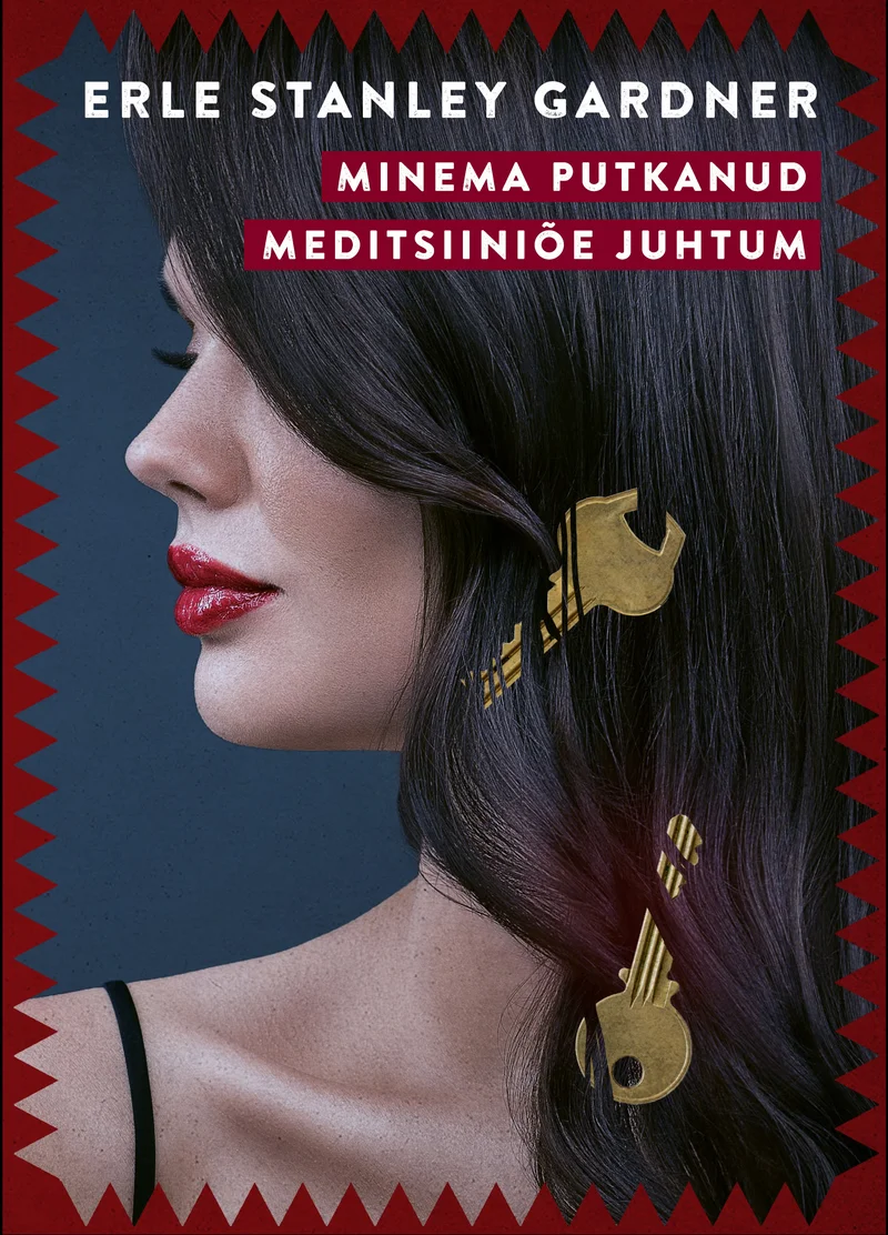 Minema putkanud meditsiiniõe juhtum - Erle Stanley Gardner (Tänapäev, 2026). Tumeda taustaga kaanel on naise profiilportree, kus naine vaatab vasakule, tal on tumedas toonis juuksed koos kuldse kõrvarõngaga. Kujundus on elegantne ja saladusliku õhkkonnaga, domineerivad must, punane ja kuldne toon.