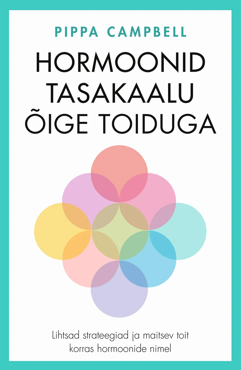 Hormoonid tasakaalu õige toiduga - Pippa Campbell (Pegasus, 2026). Minimalistlik valge kaas, mille keskel on pastelsetest ringidest moodustatud õrn mandala-sarnane kujund roosa, lilla, sinise ja rohelise toonides.