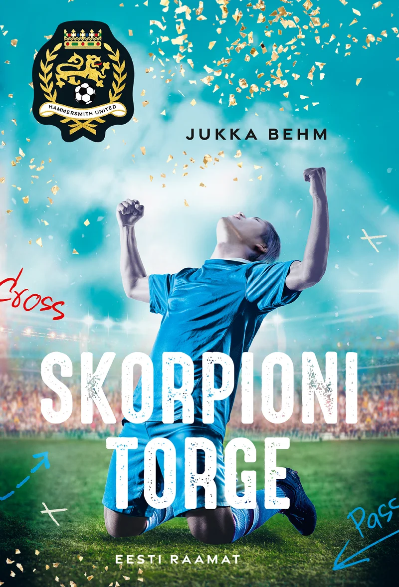 Skorpioni torge - Jukka Behm (Eesti Raamat). Sinine-türkiis taust konfettidega, millel on kujutatud jalgpallurit võidurõõmus käed üles tõstetult staadionil. Dünaamiline spordiraamatule omane kujundus koos kriitajoonistega taustal.