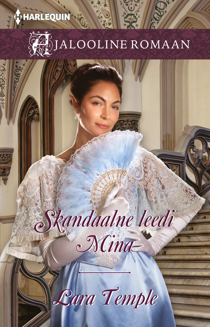 Skandaalne leedi Mina - Lara Temple (Ersen, 2026). Elegantne naine viktoriaaanlikus helehallis kleidis hoiab käes lehvikut ja seisab uhke arhitektuurilise taustaga trepil. Illustratsioon on romantiline ja ajaloolises stiilis, soojades pruunikates toonides.