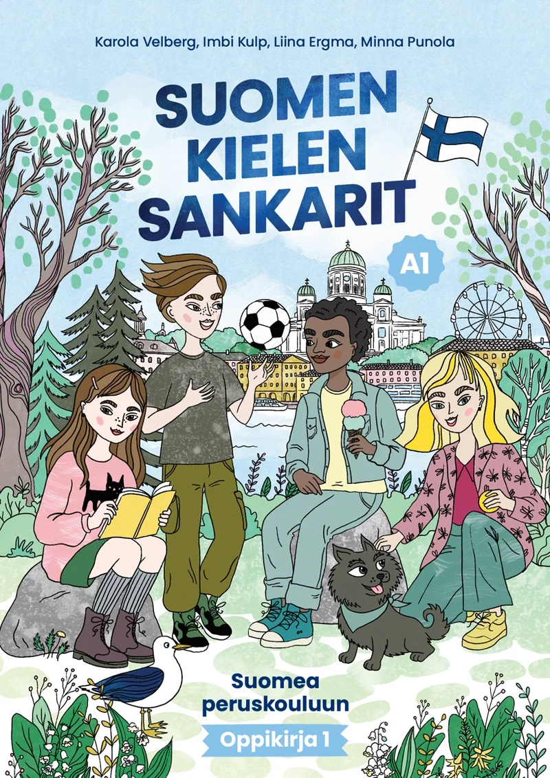Soome keele A1-õpik põhikoolile, I - Karola Velberg, Imbi Kulp, Liina Ergma, Minna Punola (Avita, 2026). Joonistatud stiilis kaanepilt, millel on rühm mitmekesiseid noorukeid koos musta kassiga rohelises õuekeskkonnas. Taustal on näha jalgpallimängu, vaatamisväärsusi ja Soome lippu, mis loovad soome kultuurikeskkonna atmosfääri.
