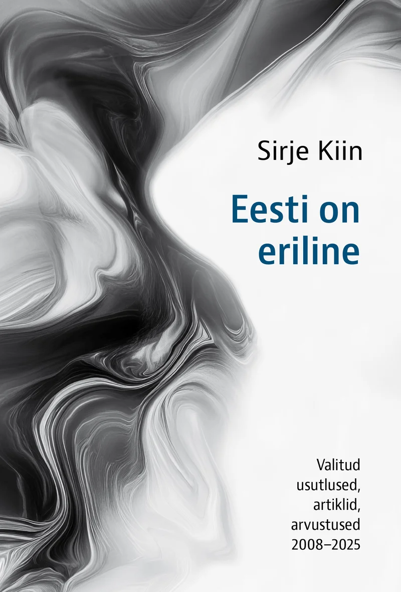 Eesti on eriline - Sirje Kiin (Emakeele Sihtasutus, 2026). Minimalistlik kaanekujundus mustvalge marmorilaadse tekstuuriga, kus vedelikutaolised hallid ja valged voolujad mustrid loovad elegantse abstraktse tausta.
