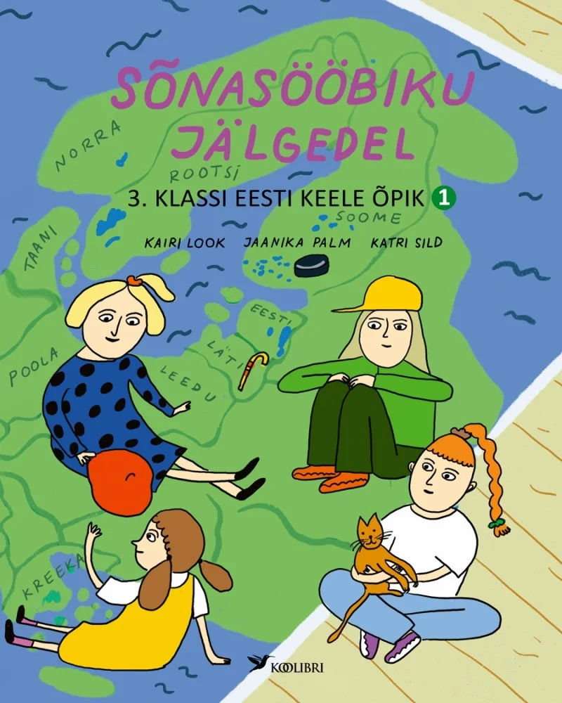 Sõnasööbiku jälgedel - Katri Sild, Kairi Look, Jaanika Palm (Koolibri, 2026). Rohelisel taustal on käsitsi joonistatud stiilis illustratsioon, kus lapsed uurivad suurt kaarti, mille ümber on märgitud erinevad kohad. Pildil on kasutatud erksaid lastelikke värve ning joonis on lihtne ja sõbralik.