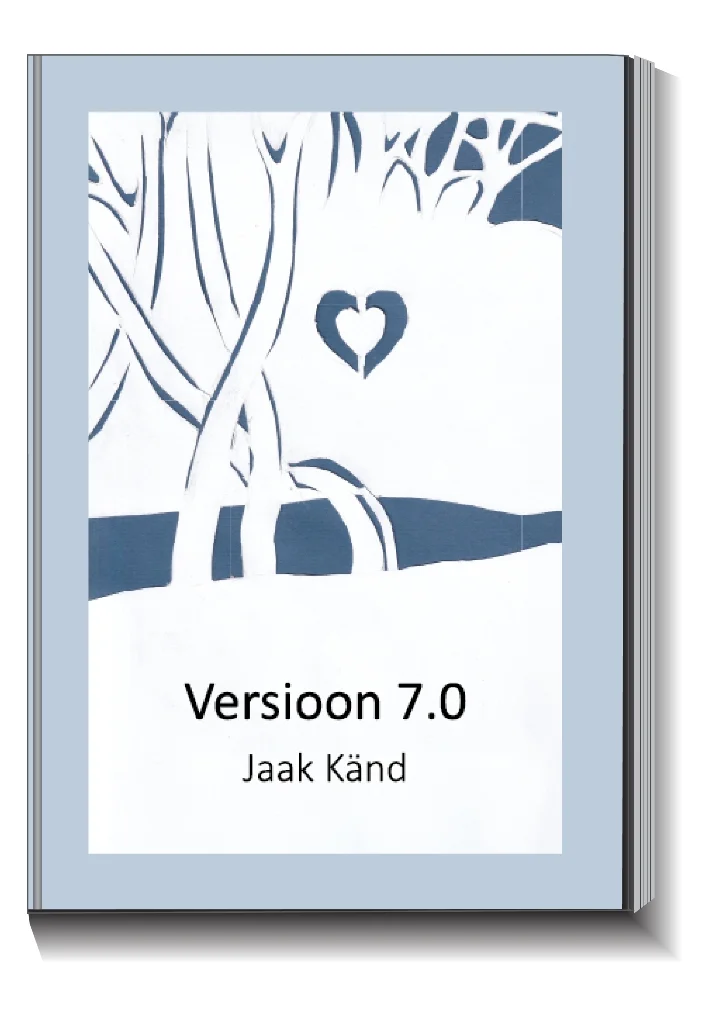 Versioon 7 - Jaak Känd (Hea Tegu, 2026). Minimalistlik sinakasvalge illustratsioon, millel kujutatakse talvist maastikku puude ja lumega. Puutüve sisse on lõigatud südamekujuline ava, mis loob romantilise ja õrna meeleolu.
