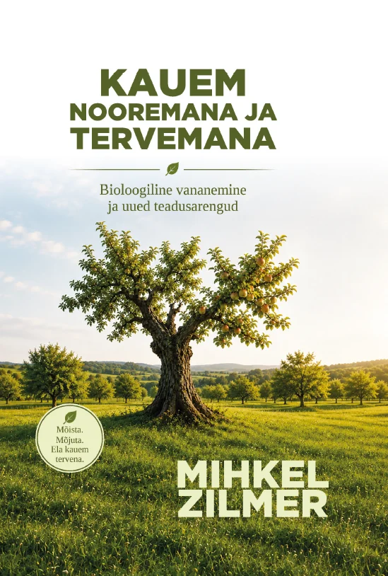 Kauem nooremana ja tervemana - Mihkel Zilmer (FAIRFOOD OÜ, 2026). Heleda taustaga kaanel domineerib üksildaselt seisev lopsakas roheline puu, mille võra on tihe ja ümarajooneline. Kujundus on minimalistlik ja rahulik, roheline toon loob tervislikkuse ja looduse tunde.