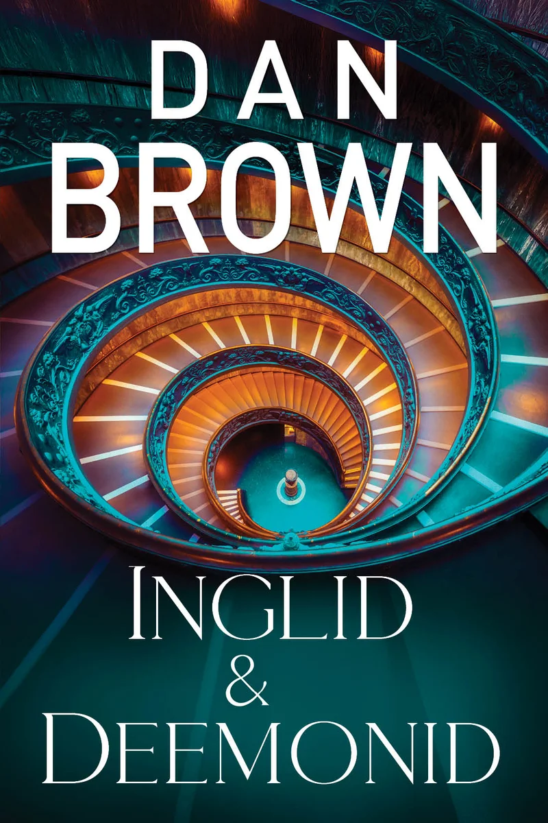 Inglid ja deemonid - Dan Brown (Rahva Raamat, 2026). Tumeroheline kaanekujundus kujutab ülevalt fotografeeritud spiraaltreppi, mille käsipuud on soojades oranžikaspruunides toonides, luues hüpnootilise sügavusperspektiivi.