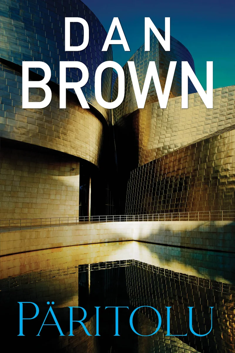 Päritolu - Dan Brown (Rahva Raamat, 2026). Kaanel domineerib modernse arhitektuuri foto, mis kujutab Bilbao Guggenheimi muuseumi läikivaid titaanpaneele kuldsetes ja sinakashallides toonides. Hoone peegeldub allosas vees, luues sümmeetrilise ja futuristliku kompositsiooni.