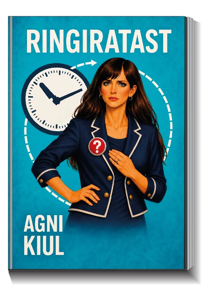 Ringiratast - Agni Kiul (Hea Tegu, 2026). Türkiissinise taustaga kaanel on illustreeritud noor naine tumesinisel jakis, rinnal küsimärgiga märk. Tema kohal on suur kellapilt, mis viitab aja- või identiteediteemale.