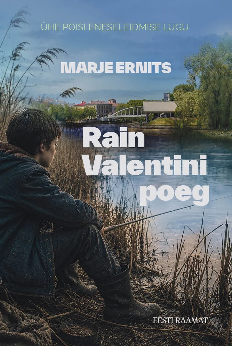 Rain Valentini poeg - Marje Ernits (Eesti Raamat). Fotorealistlik kaanepilt, millel istub murule selg ees noor poiss ja vaatab vee äärde, kus taustal paistavad puud ja hooned. Fotol on sügisene, rahulik meeleolu sooja rohelise ja pruunika värvipaleti ning pehme loodusvalgusega.