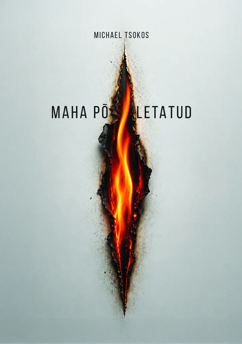 Maha põletatud - Michael Tsokos (Helios, 2026). Minimalistlik helehall kaanekujundus, mille keskel on dramaatiline vertikaalne lõhe, millest lõõmab oranž leek. Lõhe ümber on näha söestunud, musta kõrbenud materjali tekstuur.