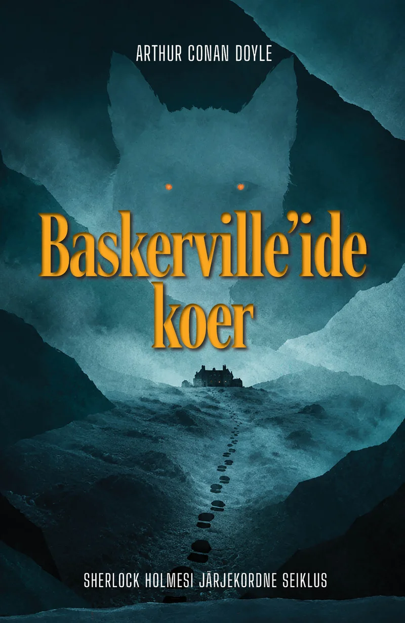Baskerville'ide koer - Sir Arthur Conan Doyle (Ühinenud Ajakirjad, 2026). Salapärane õhkkond sinakashalli uduse mägimaastikuga, mille keskel kõrgub kaugel pime loss või mõis. Esiplaanil on näha käpajälgi lumes või mullal, mis viitavad müstilisele koerale.