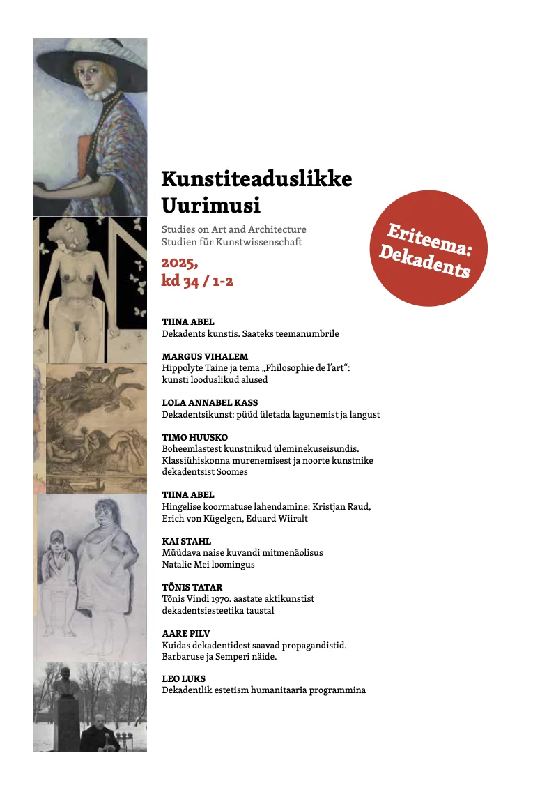 Kunstiteaduslikke Uurimusi 2025/1-2. Dekadents (Eesti Kunstiteadlaste ja Kuraatorite Ühing, 2025). Valge taust kollaaži stiilis must-valgete ja seepiasävuliste kunstiteoste reproduktsioonidega, mis kujutavad inimfiguure erinevatest ajastutest. Paremal üleval paikneb punane diagonaalne bänner tekstiga "Eritema: Dekadents".