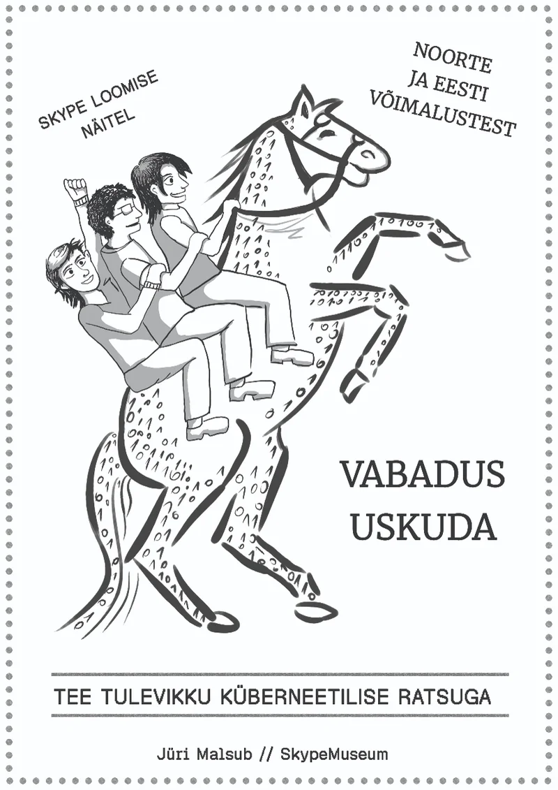 Vabadus uskuda - Jüri Malsub (Auratrükk, 2026). Mustvalgel kaanel on joonistuslikul stiilis illustratsioon, kus mitu inimest sõidab kappava hobuse seljas. Minimalistlik, käsitsi joonistatud välimus loob liikumise ja vabaduse tunde.