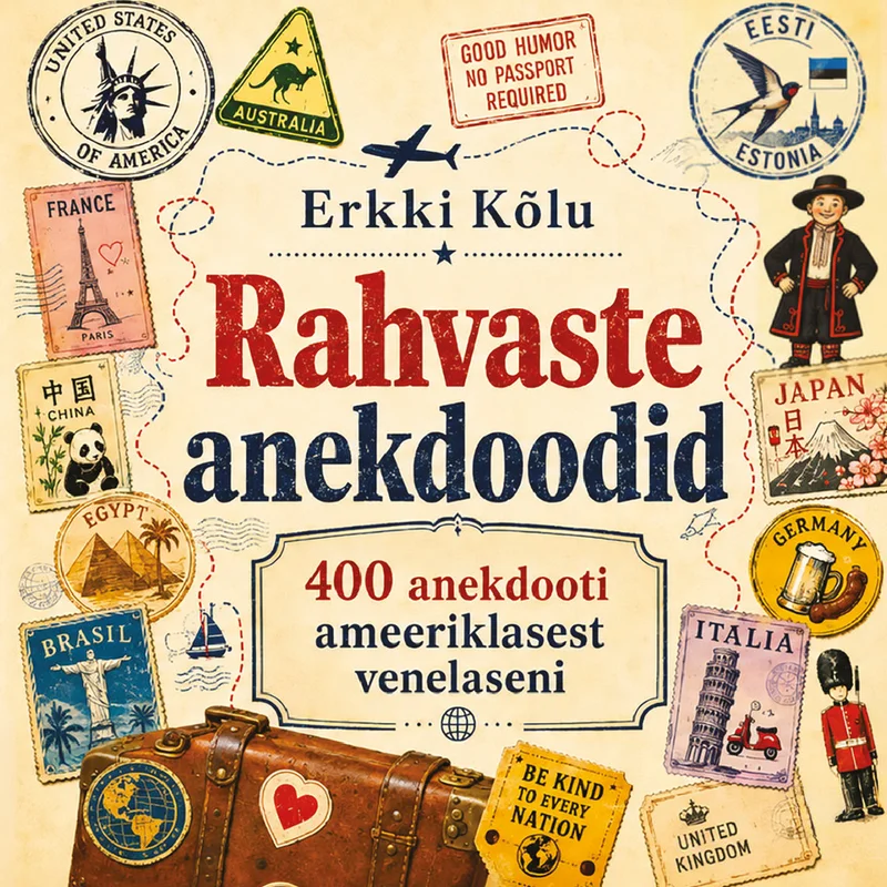 Rahvaste anekdoodid - Erkki Kõlu (Ühinenud Ajakirjad, 2026). Värvikas retrokujundus reisiteemaliste elementidega: vana pruun kohver, erinevate riikide passimargid ja -templid (Eesti, Prantsusmaa, Jaapan, Brasiilia jt), ülemaailmsed lipud ning väikesed rahvuslike kostüümidega tegelaskujud. Erkki Kõlu nimi ja pealkiri paistavad silma keskel erksate tähtedega.