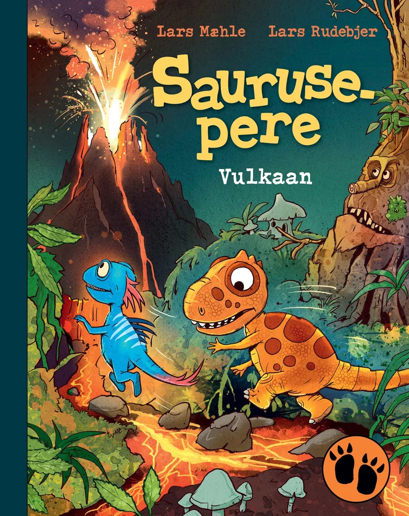Saurusepere 14 - Lars Mæhle (Ühinenud Ajakirjad, 2026). Lasteraamatule iseloomulik värvikas illustratsioon, kus kaks armsalt joonistatud dinosaurust seisavad troopilises maastikus purskava vulkaani ees. Esiplaanil on sinine ja kollakaspruun dinosaurus, taustal paistab läbi rohelise džungli lõõmav laava.