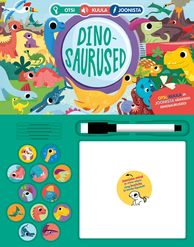Dinosaurused - Louise Martin (Rahva Raamat, 2026). Raamat on kujundatud interaktiivse lauamänguna, millel on erksavärvilised ja naljakad kartoonjoonistused erinevatest dinosaurustest rohelises džunglitaustas. Vasakul küljel paiknevad ümmargused märgised dinosauruste piltidega ning paremal on valge kustutav kirjutustahvel koos pliiatsiga.