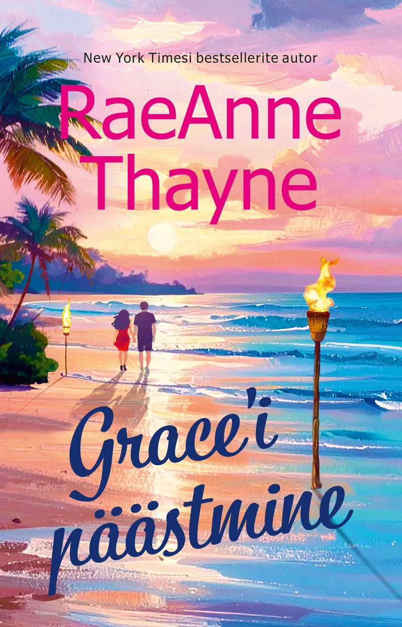 Grace’i päästmine - RaeAnne Thayne (Ersen, 2026). Sooja roosa-oranži päikeseloojangu taustal jalutab rannal kaks inimest, ümbritsetud palmipuude ja tõrvikutega. Illustratsioon on romantiline ja unenäoline, pastelsetes troopilistes toonides.
