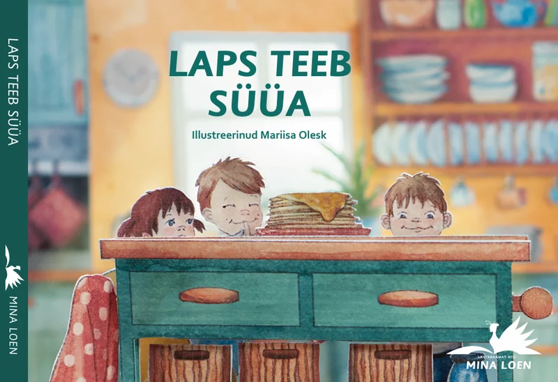 Laps teeb süüa - Anna Maria Tammesaar (Lasteraamat, 2026). Soe köögistseen, kus kaks last ja kass piiluvad uudishimulikult üle lauaserva, taustal näha puust köögimööblit ja riiuleid. Ilustratsioon on pehmes, soojades toonides akvarellistiilis.