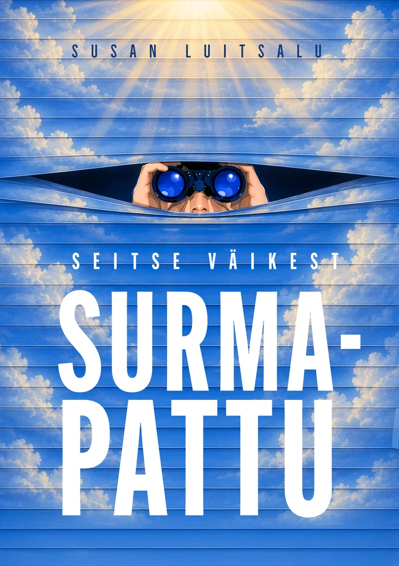 Seitse väikest surmapattu - Susan Luitsalu (Rahva Raamat, 2026). Sinise taevataustal pilvede vahelt piilub välja silmapaar binoklitega, luues salapärase ja humoristliku efekti. Hele, pilvedega kaetud taevas domineerib kogu kompositsiooni.