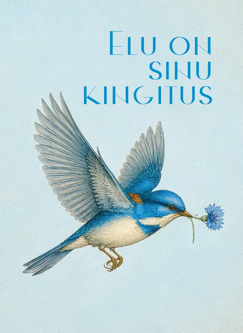 Elu on sinu kingitus - Rain Siemer (Rahva Raamat, 2026). Helesinisel taustal lendav detailirohke botaanilise illustratsiooni stiilis sinine lind, kes hoiab nokus väikest sinist lillekest. Klassikaline akvarellilaadne kunstistiil soojades sinise toonides.