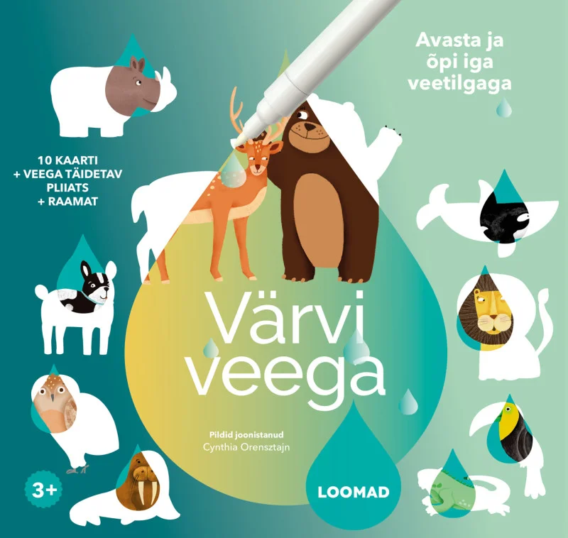 Värvi veega - Pamela Altieri (Koolibri, 2026). Rohelisel taustal on kujutatud mitmeid loomade siluette – karu, põder, rebane ja teised –, mida saab värvida veega aktiveeruva pliiatsiga.