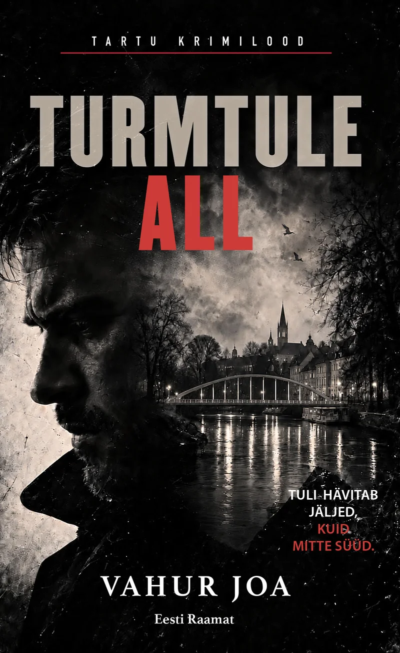 Turmtule all - Vahur Joa (Eesti Raamat, 2026). Tumeda ja dramaatilise atmosfääriga kaanekujundus, millel domineerib mehe näo lähivõte hämarus-valguses koos ähvardava öise linnavaatega taustal. Must-valge foto on rõhutatud punaste aktsendielementidega pealkirjas, luues pingelise krimiõhkkonna.