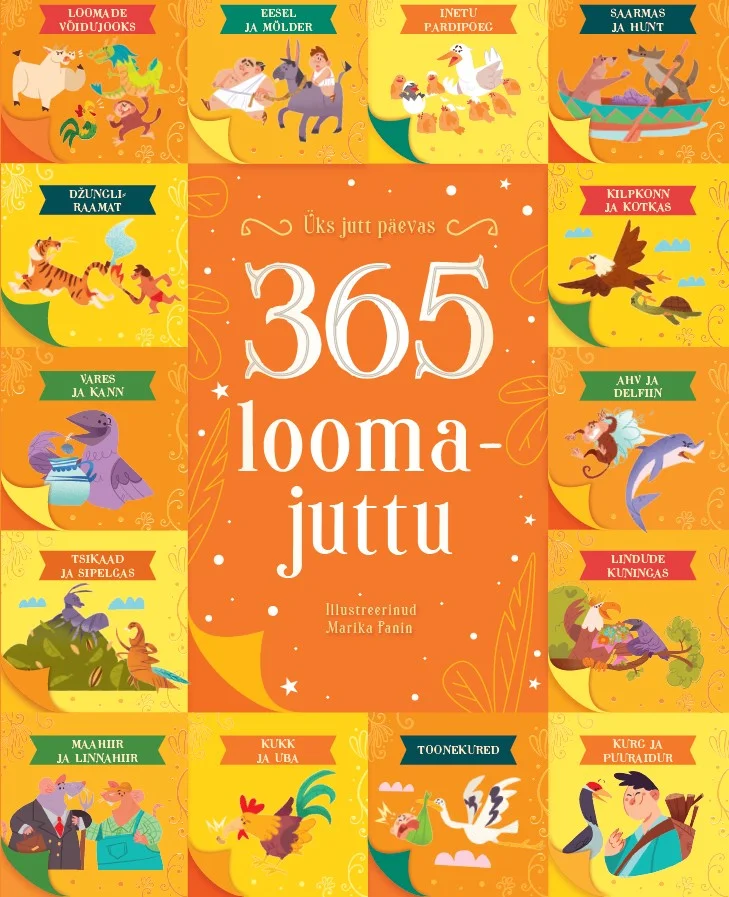 365 loomajuttu - Danila Sorrentino (Sinisukk, 2026). Sooja oranži taustaga kaanekujundus, millel on ruudustikuna paigutatud värvikad illustratsioonid erinevatest loomadest ja loomajuttude tegelastest. Pildikesed on kuldse raamiga ääristatud ning kujutavad elevante, linde, kalu, koeri ja muid loomi rõõmsates, lasteraamatutele omases stiilis joonistustes.