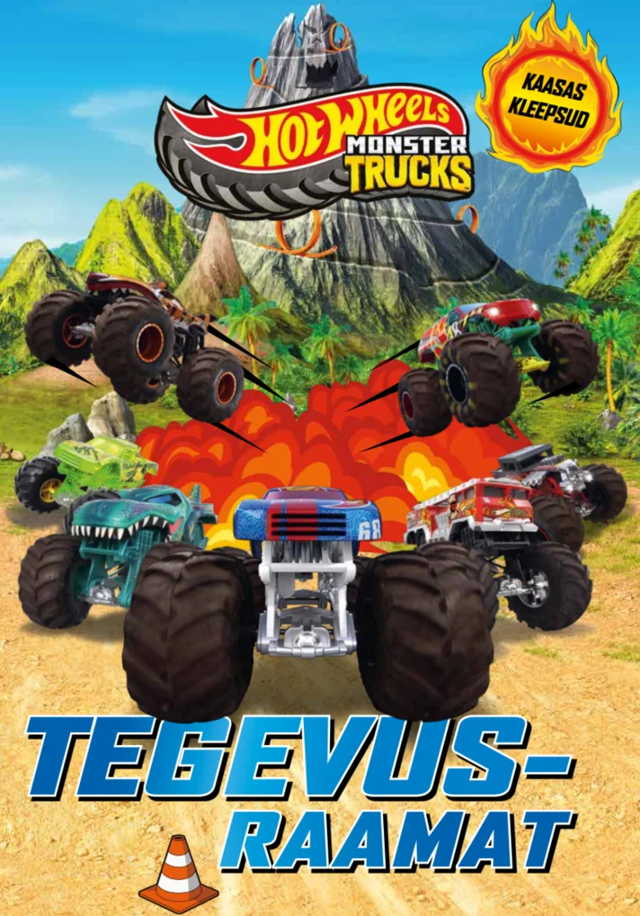 Hot Wheels - Mattel, Mattel (Kids Press, 2026). Ere ja dünaamiline illustratsioon, millel on mitu suurt monster-trucki hiiglaslike rataste ja agressiivsete kujundistega, taustal vulkaan ja plahvatused. Värvid on erkjad — sinine, punane ja oranž — andes kaanele põneva ja energilise ilme.