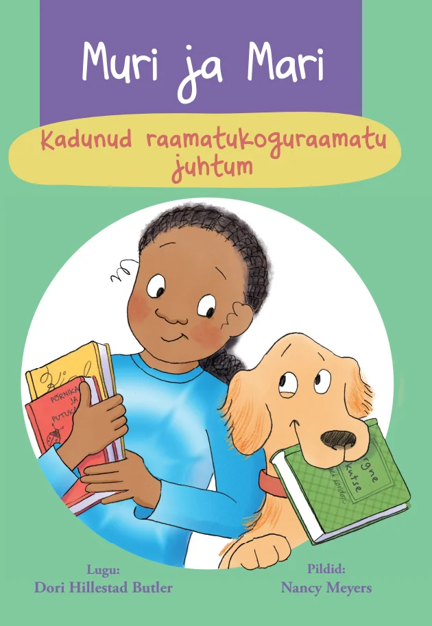 Muri ja Mari - Dori Hillestad Butler (2026). Lasteraamatule iseloomulik armas illustratsioon, kus tumeda nahaga poiss ja kuldne koer hoiavad käppadega raamatuid, näidates üksteisele leide. Pilt on joonistatud soojades, heledates toonides lapselikus stiilis.