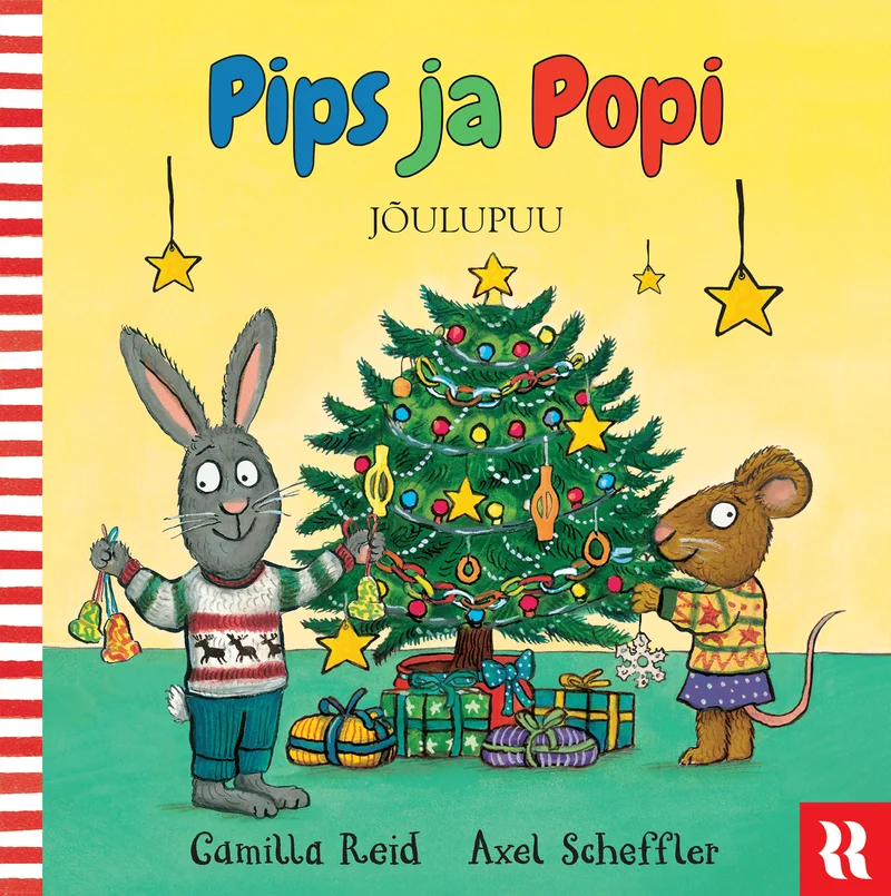 Pips ja Popi - Camilla Reid (Rahva Raamat, 2026). Kahte armsalt joonistatud loomategelast – jänest ja hiirt – kujutav värvikas illustratsioon, kus nad seisavad ehtitud jõulupuu ees roosal taustal. Pildil on kasutatud soojad, erksat tooni värvid ja lastele mõeldud lihtne, sõbralik joonistiil.