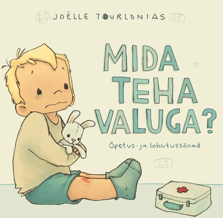 MIDA TEHA VALUGA? Õpetus- ja lohutussõnad - Joëlle Tourlonias (Sinisukk, 2026). Pehmes pastelsetes toonides illustratsioon, millel on kurb väike laps, kes istub põrandal ja hoiab kaisus valget jänest. Armas ja soe joonistusstiil loob lohutava ning empaatilise meeleolu.
