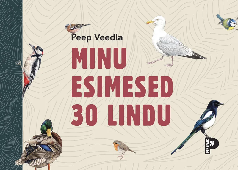 Minu esimesed 30 lindu - Peep Veedla (KIRJASTUS PESAPAIK OÜ, 2026). Heledal taustal on kujutatud mitmeid erinevaid Eesti linde — part, kajakas, rähn, harakas ja teised — täpsete naturalistlike illustratsioonidena. Taust on kaunistatud õrnade laineliste joontega.