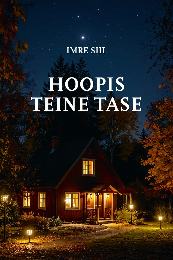 Hoopis teine tase - Imre Siil (Imre Siil, 2026). Õhtusel fotol paistab hubane punane puumaja sügiseste puude vahel, aknad heidavad sooja kollast valgust pimedasse õhtu. Taevas on sügavsinised toonid ning puude lehed on kuldkollased ja oranžid, luues romantilise ja sooja atmosfääri.