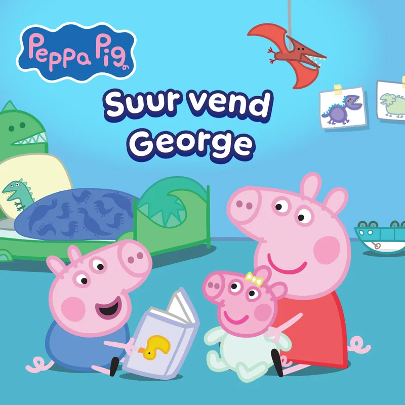 Põrsas Peppa -  Hasbro (2026). Värvikas joonistusanimatsioonistiilis kaanepilt, kus roosad põrsaskujulised tegelased — suurem ja väiksem — istuvad koos ja vaatavad raamatut, taustal on dinosauruste mänguasjad ja joonistused.
