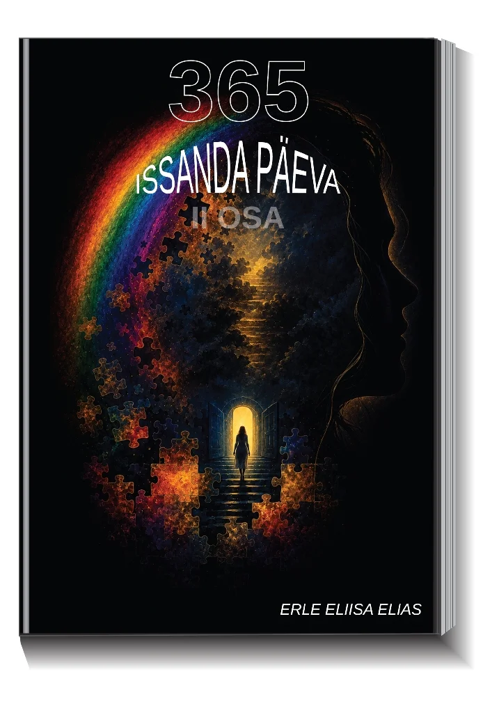365 Issanda päeva II osa - Erle Eliisa Elias (Hea Tegu, 2026). Tumeda taustaga kaanepilt, millel domineerib naise siluett küljelt vaadatuna ning taevas kaardub värviline vikerkaar. Keskel paistab väike inimfiguur treppidel, ümbritsetuna säravate pusletükkide ja loodusmaastikuga.